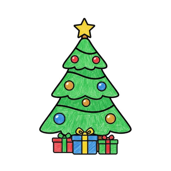 Easy Christmas tree coloring page with gifts and star in color