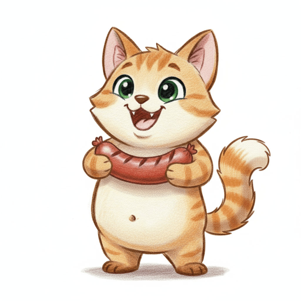 cute cartoon kitten holding a sausage illustration