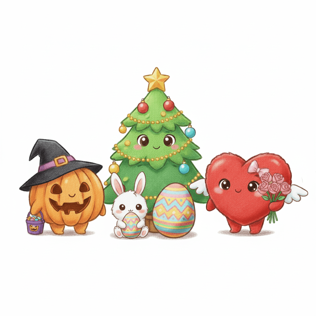 cute holiday characters christmas halloween easter and valentines illustration