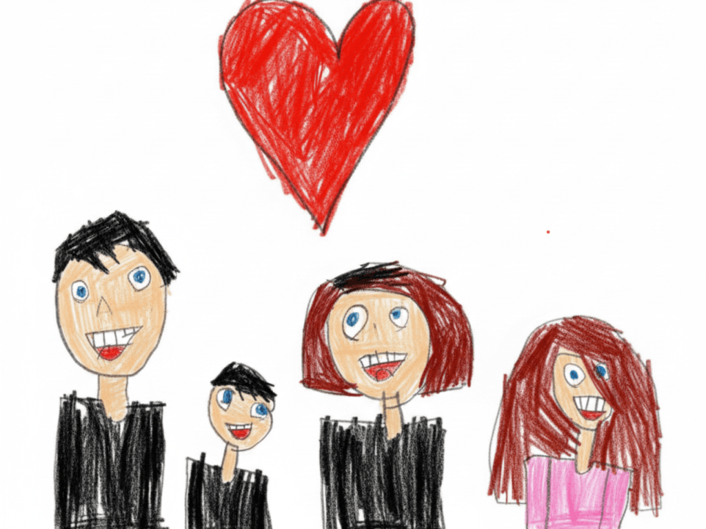Colorful children's drawing of the PrintMeMom family team under a big red heart